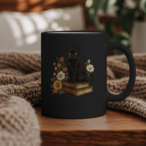 Cute Cat Book Flowers Graphic Print Coffee Mug - Bookorys