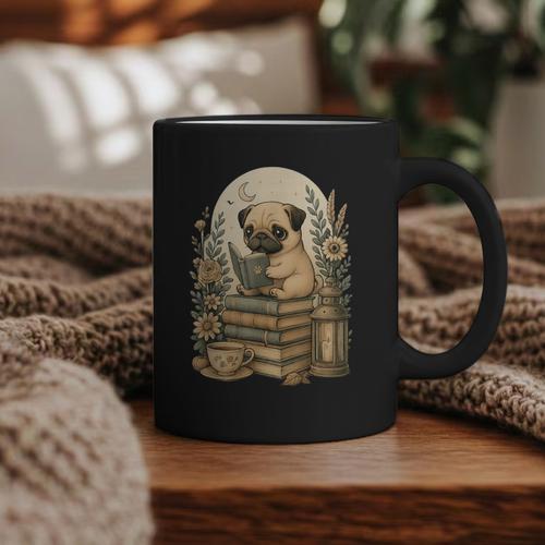 Cute Cottagecore Aesthetic Dog Pug Reading Book Nerd Graphic Print Coffee Mug - Bookorys