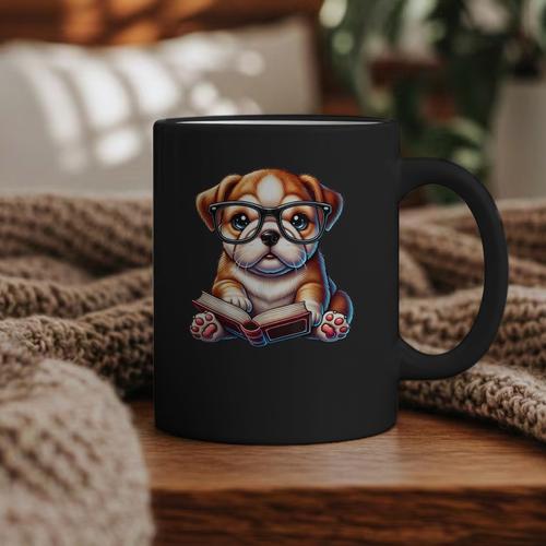 Cute Dog Puppy English Bulldog Reading Book Graphic Print Coffee Mug - Bookorys DE