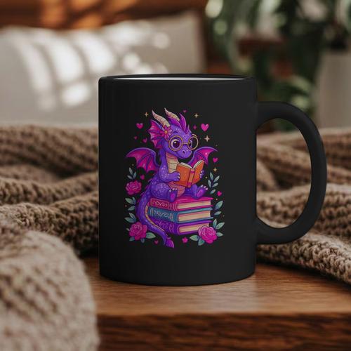 Cute Dragon Reading Books Bookworm Graphic Print Coffee Mug - Bookorys