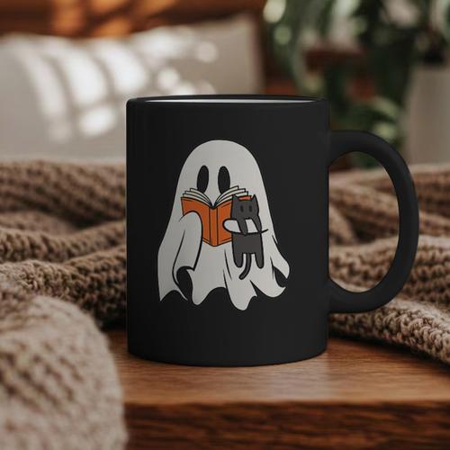 Cute Ghost Cat Reading Book Spooky Season Halloween Costume Graphic Print Coffee Mug - Bookorys CA
