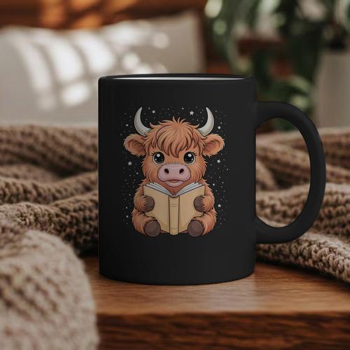Cute Highland Cow Reading Book Graphic Print Coffee Mug - Bookorys