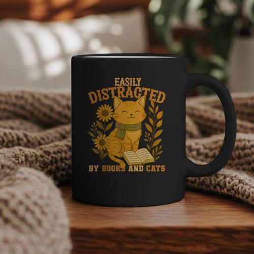 Easily Distracted By Cats And Books Cute Cat Book Lover Graphic Print Coffee Mug - Bookorys