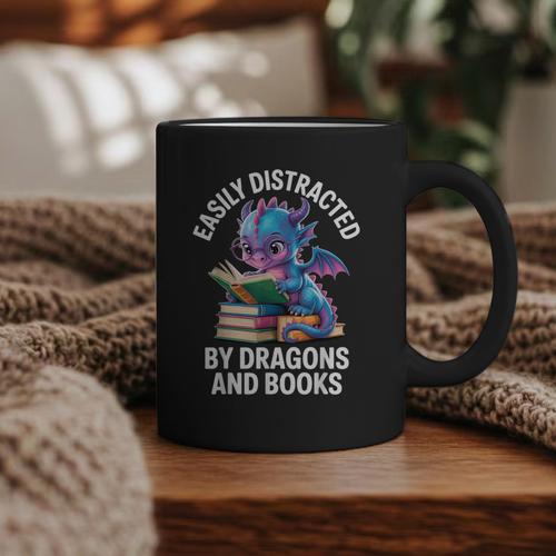 Easily Distracted By Dragons And Books Graphic Print Coffee Mug - Bookorys