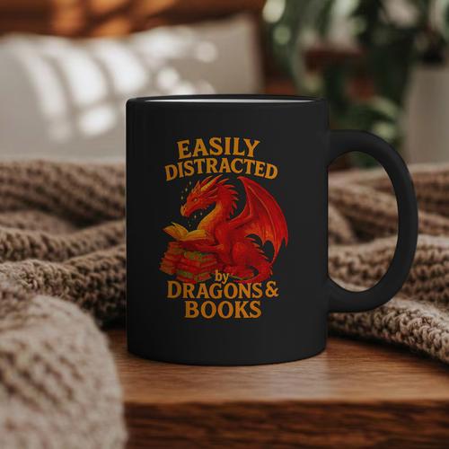 Easily Distracted By Dragons And Books Reading Graphic Print Coffee Mug - Bookorys