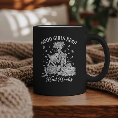 Good Girls Read Bad Books Skeleton Reading Book Halloween Graphic Print Coffee Mug - Bookorys