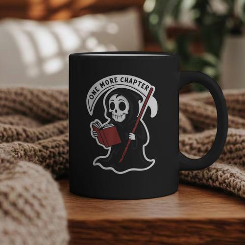 Grim Reaper Bookworm Cute Book Reading Halloween Graphic Print Coffee Mug - Bookorys