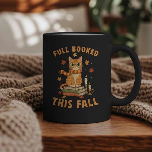 Halloween Fully Booked This Fall Book Ginger Cat Reading Graphic Print Coffee Mug - Bookorys