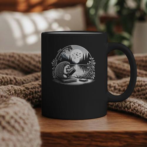 Hedgehog Reading Book Full Moon Lake Scenery Graphic Print Coffee Mug - Bookorys