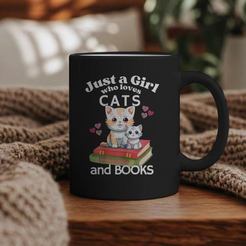 Just A Girl That Loves Cats And Books Cute Cat & Bookwork Graphic Print Coffee Mug - Bookorys AU