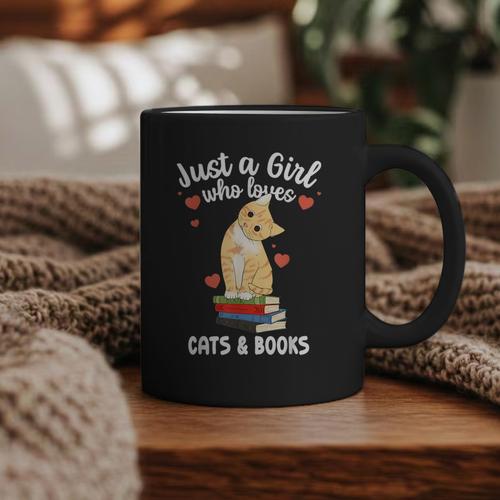 Just a Girl Who Loves Cats And Books Reading Cat & Bookworm Graphic Print Coffee Mug - Bookorys