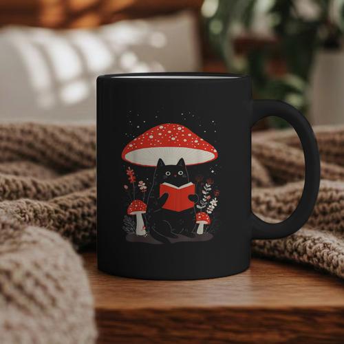 Kawaii Cottagecore Mushroom Cat Reading a Book Graphic Print Coffee Mug - Bookorys AU