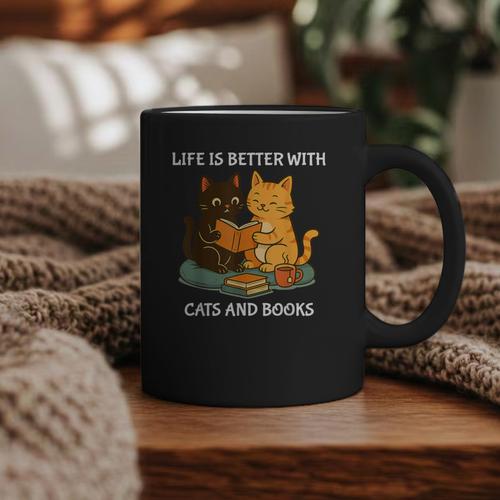 Life Is Better With Cats And Books Cute Cat Lover Graphic Print Coffee Mug - Bookorys