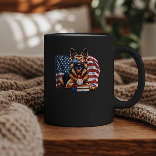 Patriotic German Shepherd Books Baseball USA Flag Vintage Graphic Print Coffee Mug - Bookorys UK