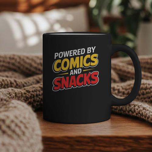 Powered By Comics And Snacks Comic Book Lover Graphic Print Coffee Mug - Bookorys UK