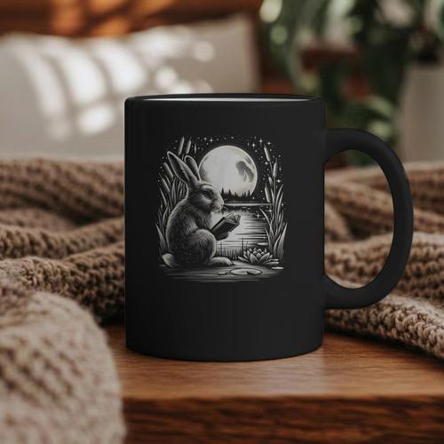 Rabbit Reading Book Full Moon Lake Scenery Graphic Print Coffee Mug - Bookorys