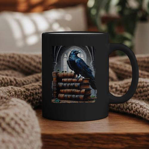 Raven On A Stack Of Books Wisdom Of Odin Graphic Print Coffee Mug - Bookorys