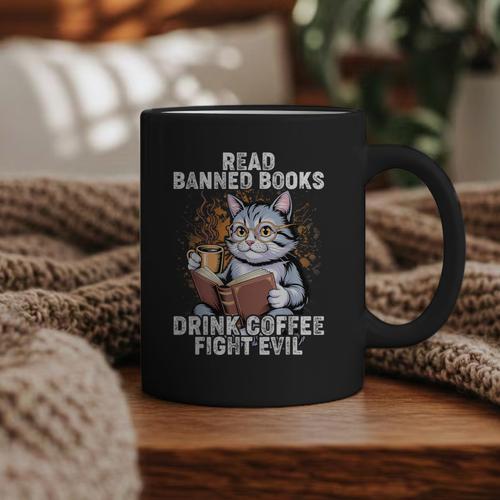 Read Banned Books Drink Coffee Fight Evil Cat Graphic Print Coffee Mug - Bookorys AU