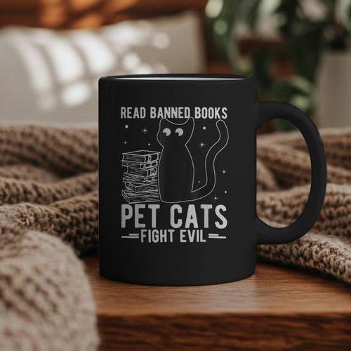 Read Banned Books Pet Cats Fight Evil Read Banned Books Graphic Print Coffee Mug - Bookorys