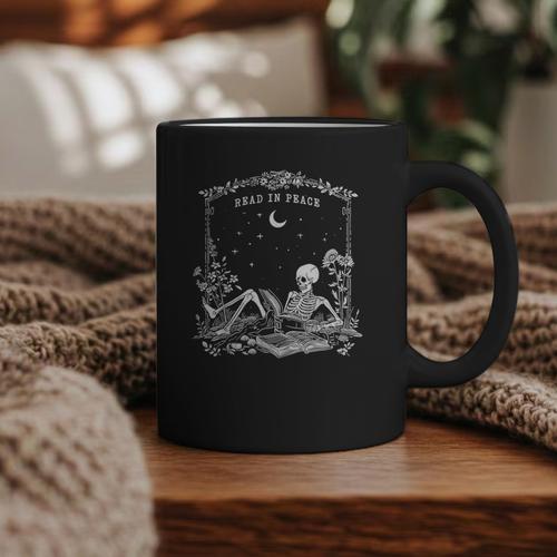 Read In Peace Skeleton Reading Book Halloween Bookish Graphic Print Coffee Mug - Bookorys