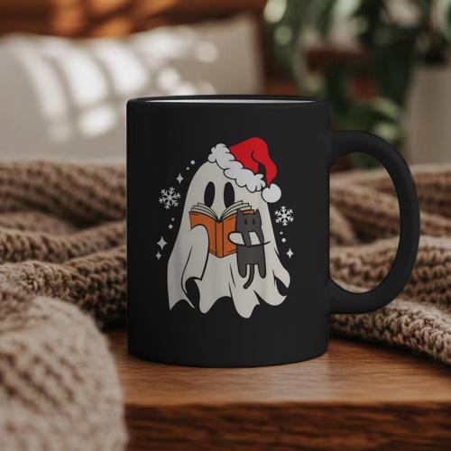 Retro Ghost Reading Book With Cat Bookish Club Christmas Men Women Kids Graphic Print Coffee Mug - Bookorys AU