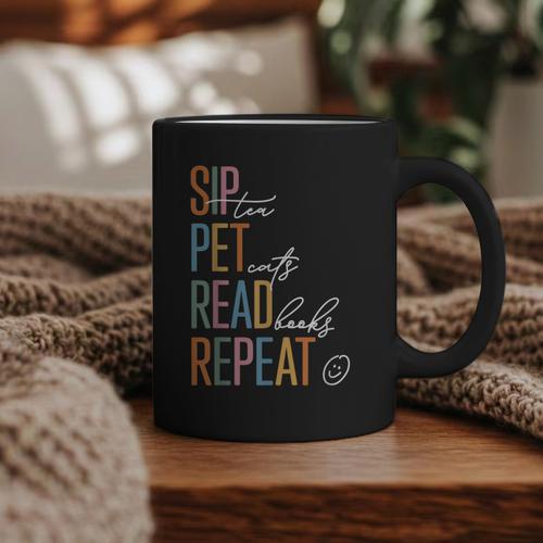 Sip Tea Pet Cats Read Books Repeat Book Cat Lover Graphic Print Coffee Mug - Bookorys CA