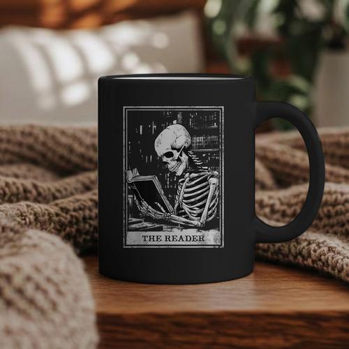 Tarot Card Shirt The Reader Tarot Skeleton Reading Book Graphic Print Coffee Mug - Bookorys