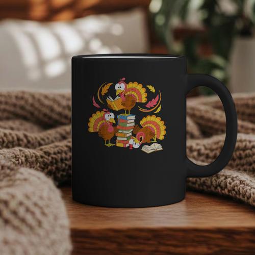 Turkey Reading Books Fall Thanksgiving Teacher Librarian Graphic Print Coffee Mug - Bookorys