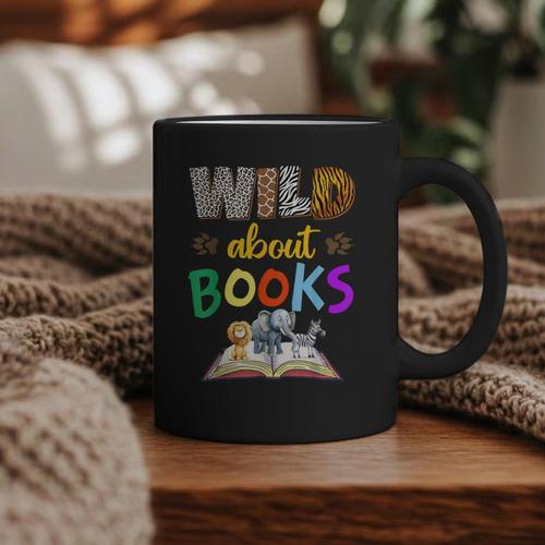 Wild About Reading Books Reader Bookworm Animals Book Lover Graphic Print Coffee Mug - Bookorys