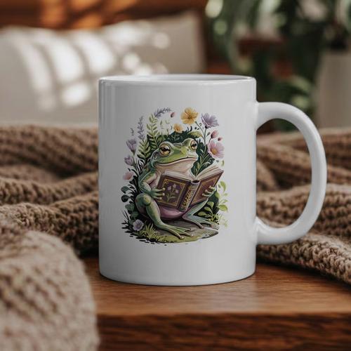 Aesthetic Cottagecore Frog Reading Book Floral Book Lover Graphic Print Coffee Mug - Bookorys