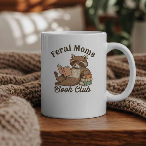 Bookish Feral Moms Book Club Raccoon Mother's Day Bookworm Graphic Print Coffee Mug - Bookorys