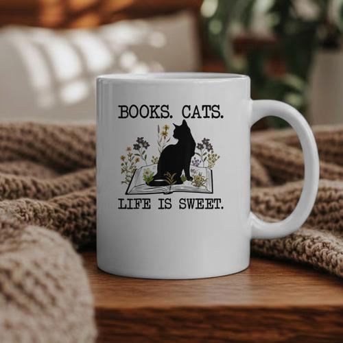 Books Cats Life Is Sweet Cat Book Lover Men Women Teen Graphic Print Coffee Mug - Bookorys