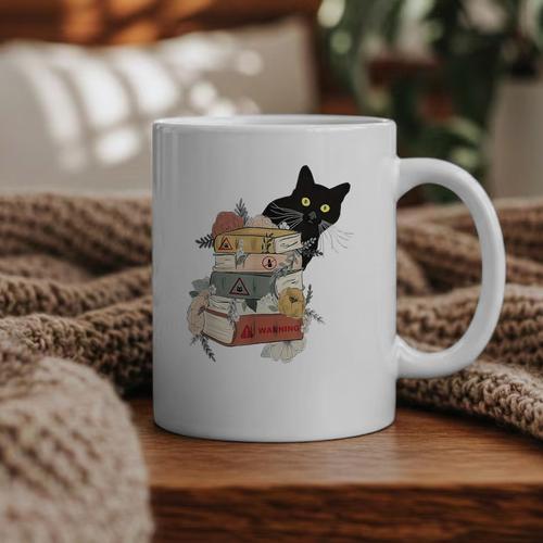 Cat And Books Flowers Reading Club Cat Lover Bookworm Graphic Print Coffee Mug - Bookorys AU