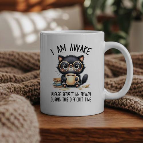 Cat Glasses Coffe Books I Am Awake Please Respect My Privacy Graphic Print Coffee Mug - Bookorys UK