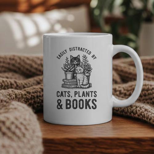 Cats Plants And Books Shirt Plant Lover Gardening Graphic Print Coffee Mug - Bookorys