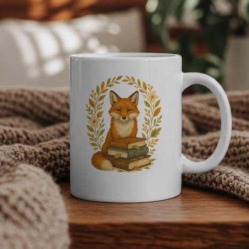 Cottagecore Whimsical Woodland Red Fox Behind Stack Of Books Graphic Print Coffee Mug - Bookorys UK