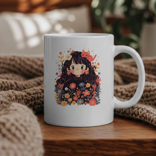 Cottagecore Wild Flowers Book Reader Cat Nature Soft Graphic Print Coffee Mug - Bookorys AU