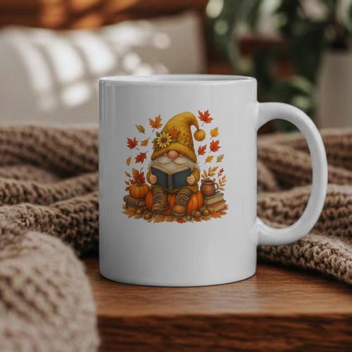 Cute Autumn Gnome Reading Pumpkin Book Lover Graphic Print Coffee Mug - Bookorys UK