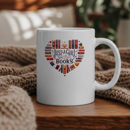 Cute Just A Girl Who Loves Books Heart Shape Reader Graphic Print Coffee Mug - Bookorys UK