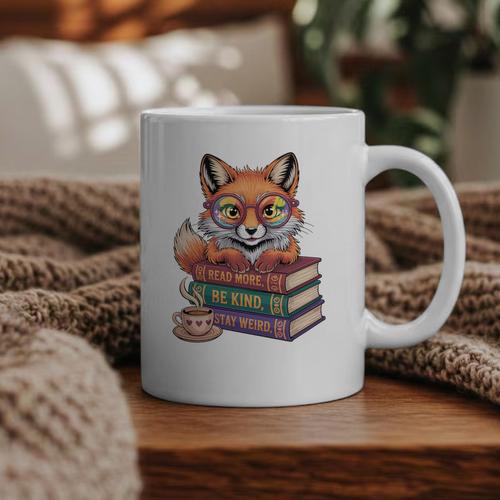 Cute Nerdy Fox Read Books Be Kind Stay Weird Book Club Premium Tri-Blend Graphic Print Coffee Mug - Bookorys DE