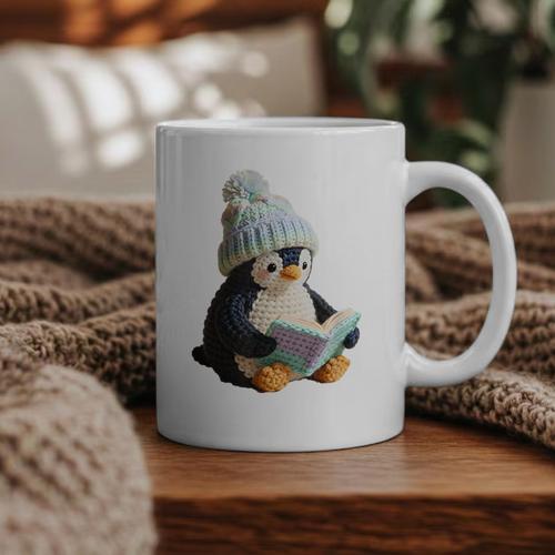 Cute Penguin Reading Book Faux-Crochet Print Graphic Print Coffee Mug - Bookorys UK