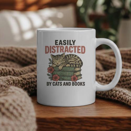 Easily Distracted By Cats And Books Vintage Graphic Print Coffee Mug - Bookorys AU