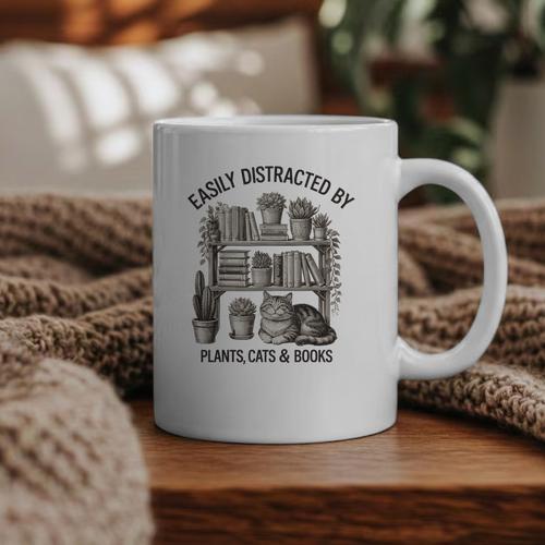 Easily Distracted By Plants Cats & Books Planting Gardening Graphic Print Coffee Mug - Bookorys