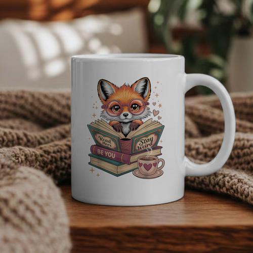 Fox Read Books Be Kind Stay Weird Reader Cute Nerd Bookworm Graphic Print Coffee Mug - Bookorys