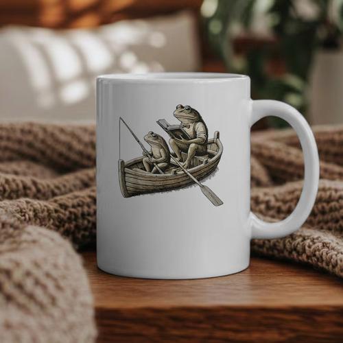 Frog Frogs Fishing & Book Vintage Classic Cottagecore Frog Graphic Print Coffee Mug - Bookorys