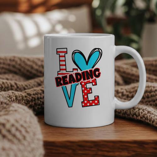 I Heart Books Love Reading Red And Stripe Animated Cat For Men Women Girls Kids Graphic Print Coffee Mug - Bookorys CA