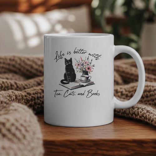 Life Better With 2 Cats Books Kitten Kitty Women Girls Kids Graphic Print Coffee Mug - Bookorys