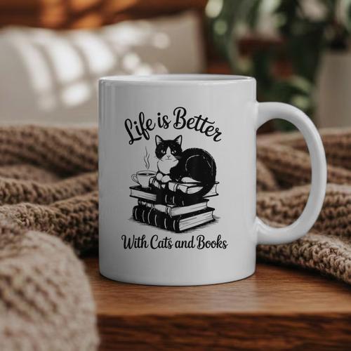 Life Is Better With Cats & Books Tuxedo Cat Mom Women Graphic Print Coffee Mug - Bookorys