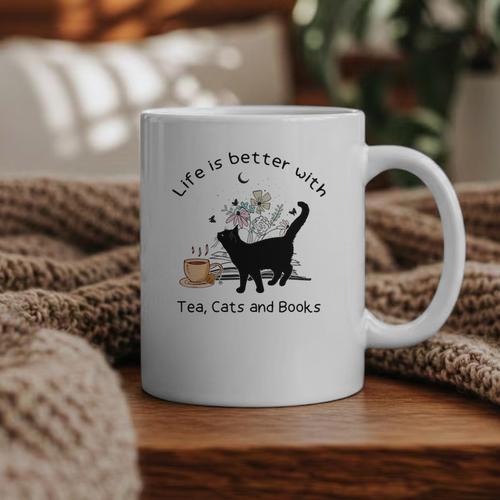 Life Is Better With Tea Cats And Books Cat Sayings Graphic Print Coffee Mug - Bookorys