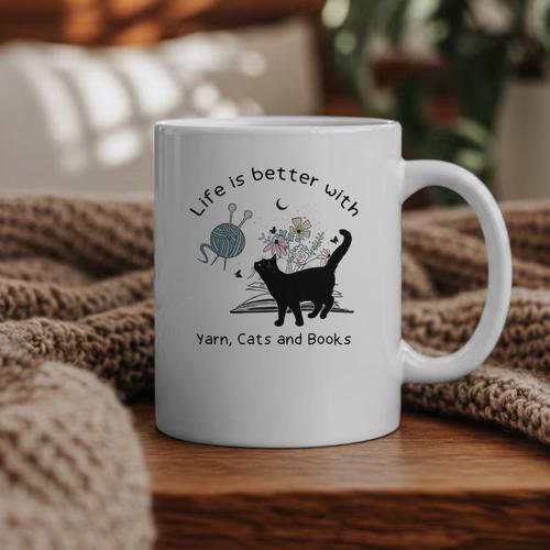Life Is Better With Yarn Cats And Books Graphic Print Coffee Mug - Bookorys